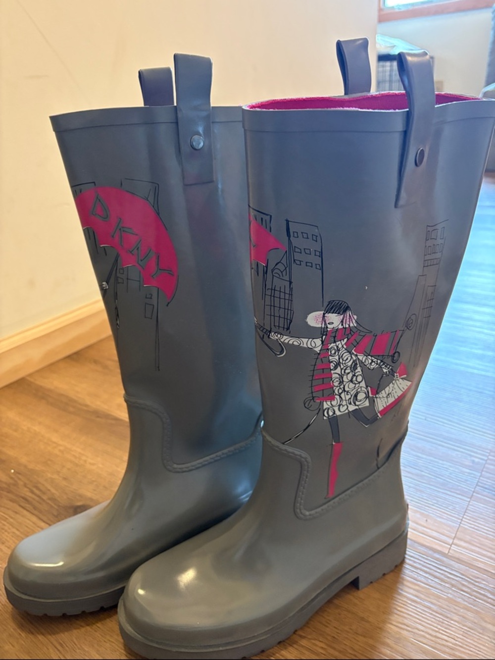 DKNY Gray Rain Boots with Pink Accent Graphic